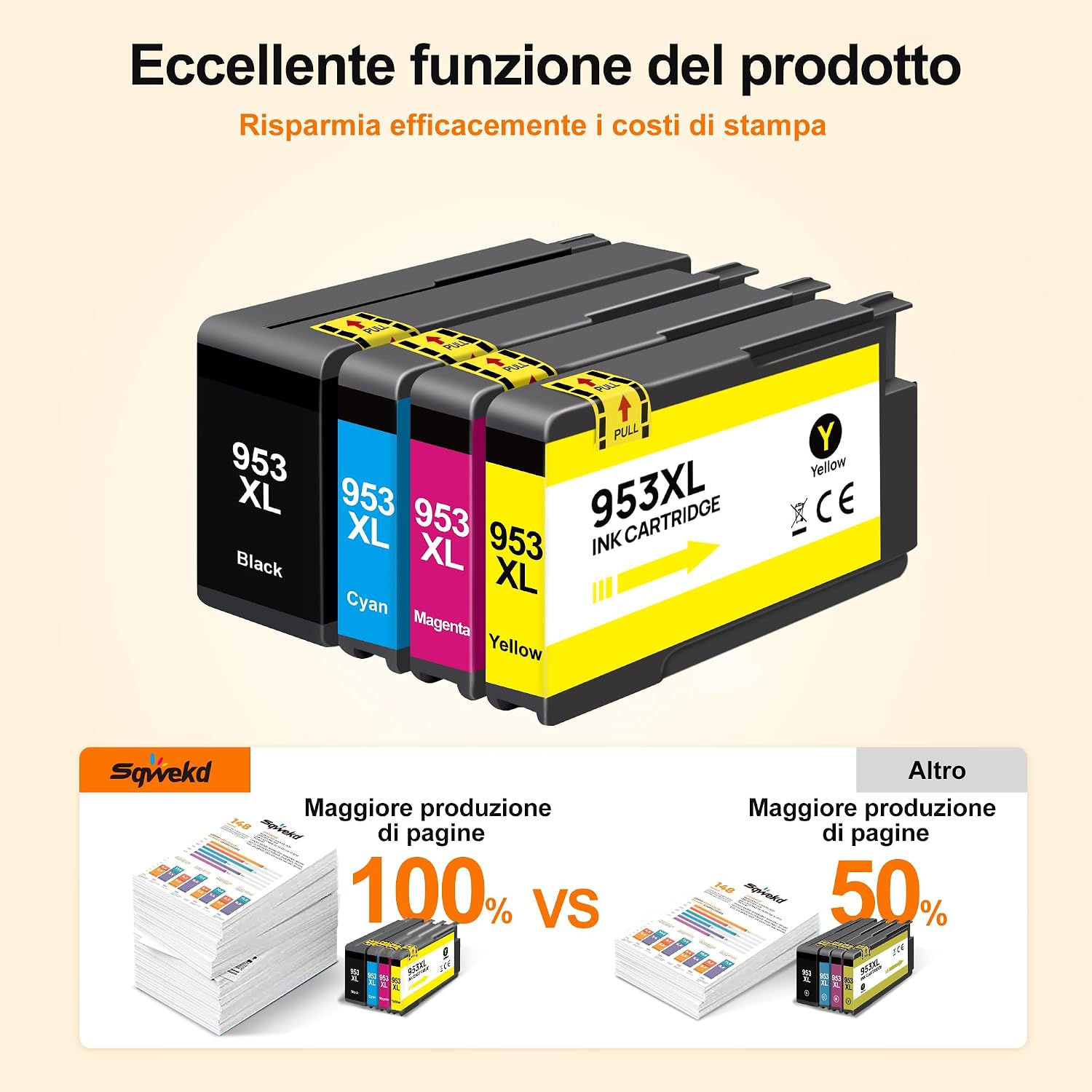 Detalle de Sqwekd 953XL Cartucce Rigenerato Multipack per HP OfficeJet Pro (Nero, Ciano, Magenta, Giallo)