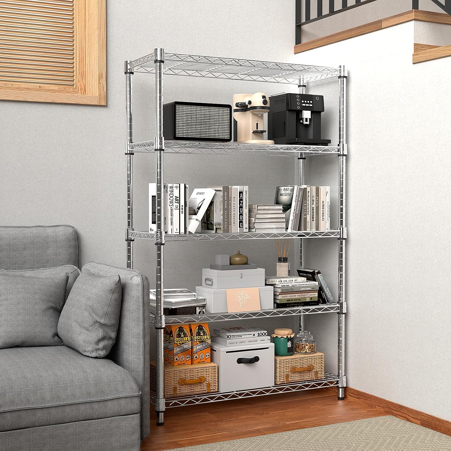 Detalle de M MZG E3560160OH501LB-AUU 5-Tier Steel Shelving Unit, Chrome, Adjustable