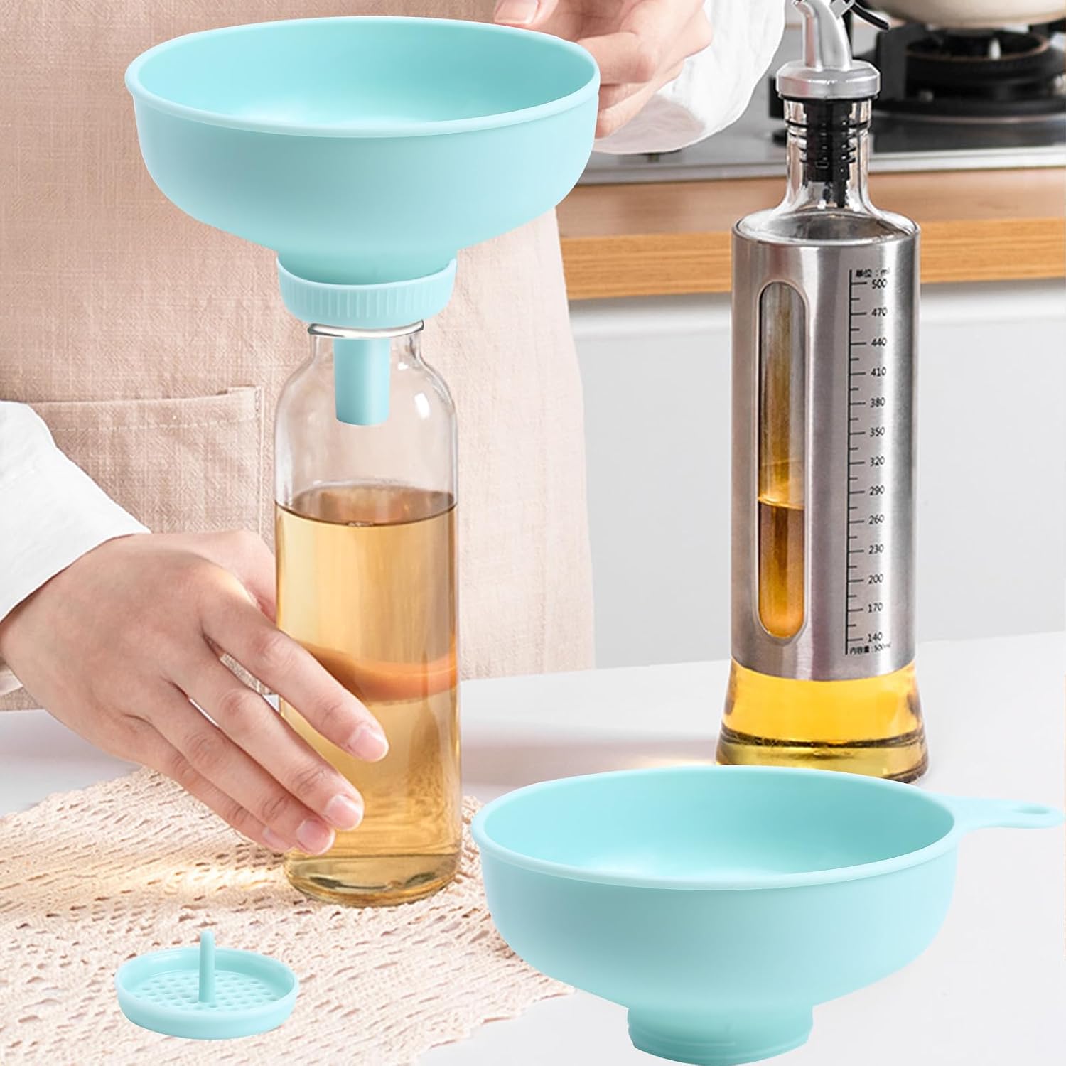 Detalle de CORJEEJOR 3-in-1 Trichter-Set mit breiter Öffnung (Kunststoff) für Küche, Flaschenbefüllung & Nachfüllungen