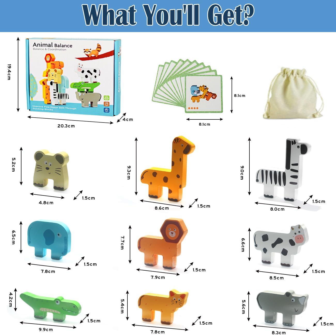 Thumbnail 5 de NINGSTEL Montessori animal wooden stacking blocks set (18+ months) with challenge cards & storage bag