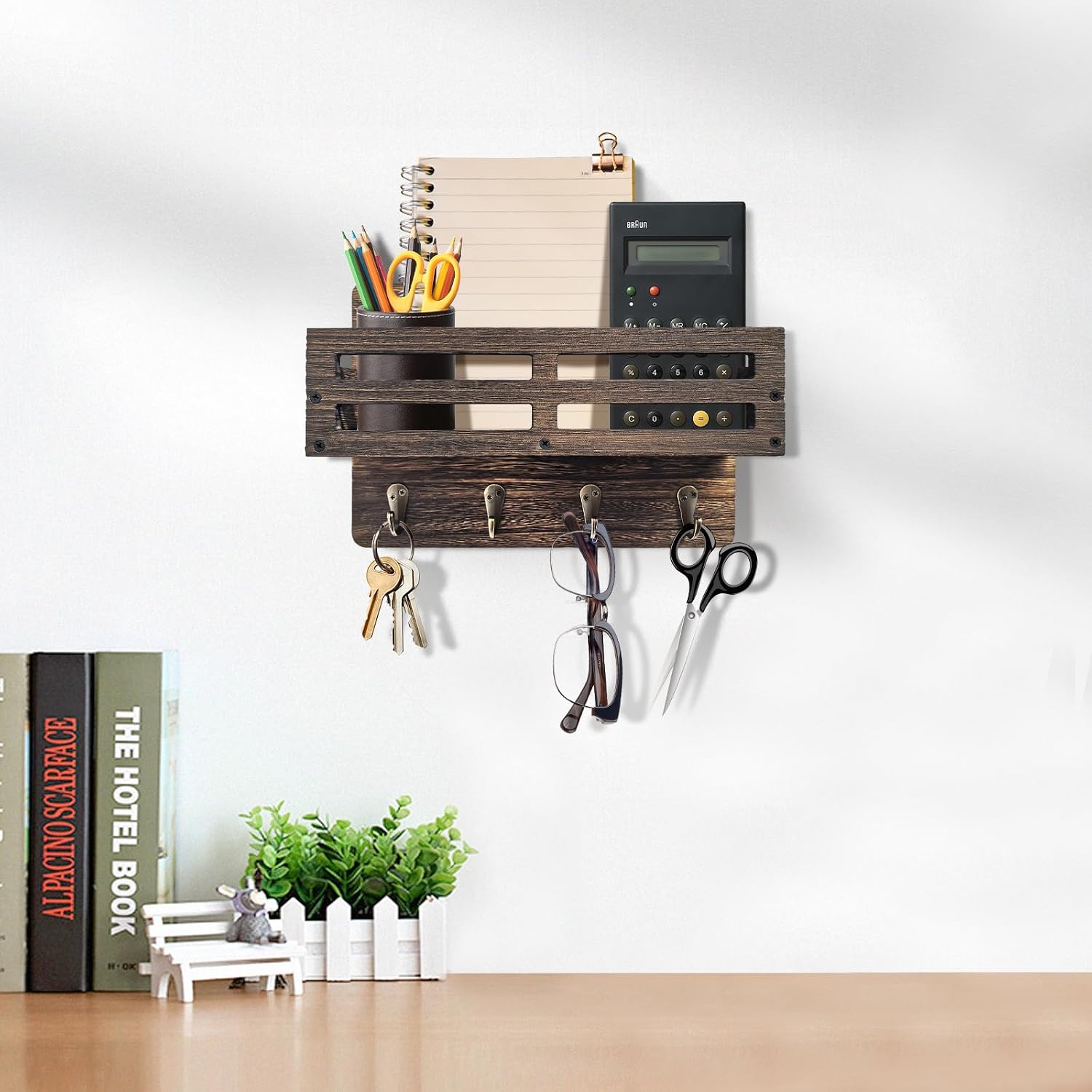 Thumbnail 6 de KISENG Key Hooks Wall-Mounted Key and Mail Organizer, 4 Hooks, Paulownia Wood