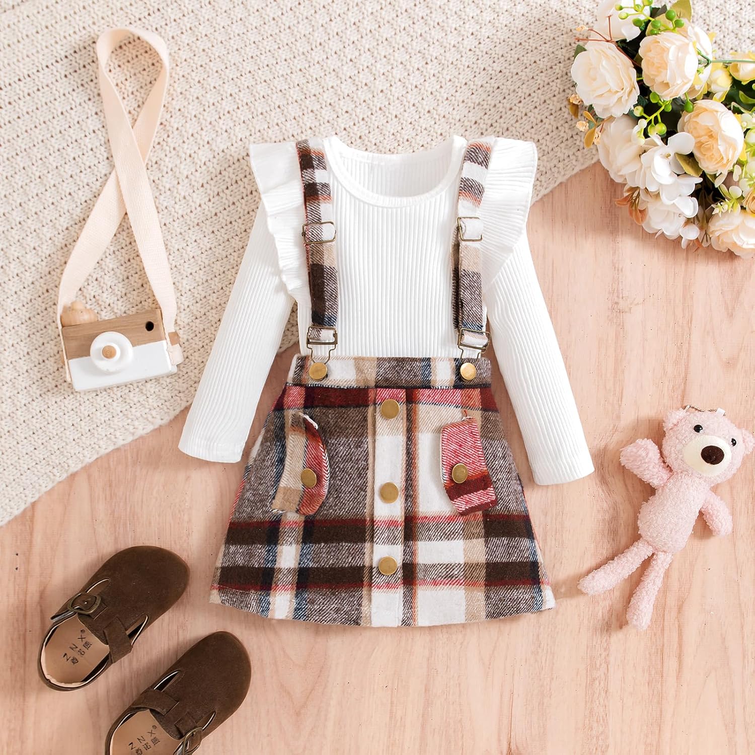 Thumbnail 3 de HPSOM Toddler Baby Girl Skirt Set: Long Sleeve Ruffled Top with Plaid Suspender Skirt