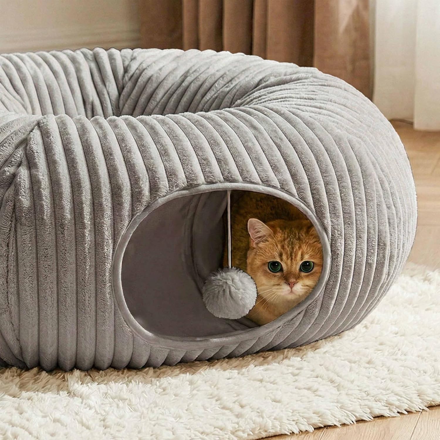 Detalle de MOYMO MOY-CT-strp-grey-14-m Cat Tunnel Bed, Grey Cotton Play Cave