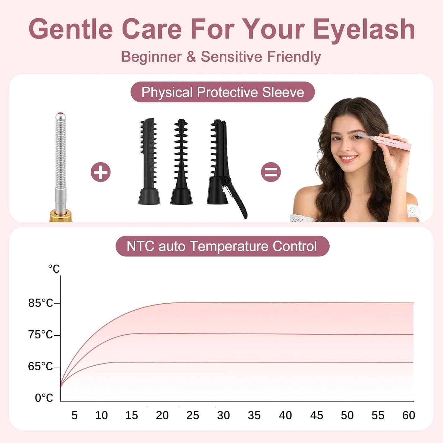 Detalle de 3 in 1 Heated Eyelash Curler Electric with USB-C Rechargeable Power | 3 Interchangeable Heads, 65/75/85°C — Pink
