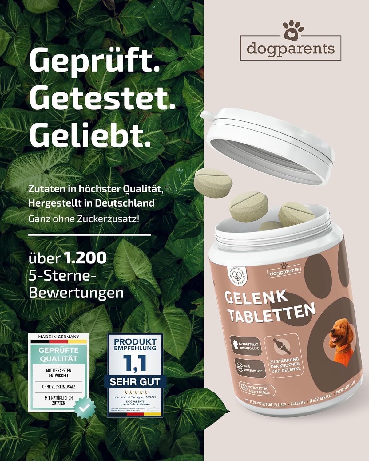 Thumbnail 5 de Gelenktabletten für den Hund – Dogparents, zuckerfrei & laborgeprüft (Grünlippmuschel, MSM, Glucosamin u. a.), 150 g