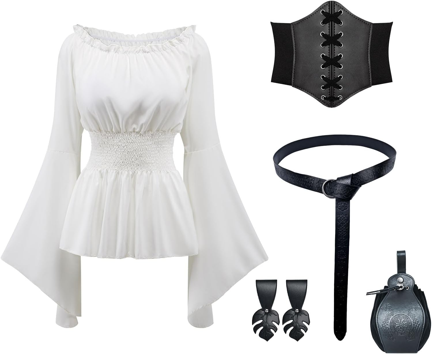 Detalle de YRTBGD 5 Pcs Pirate Costume Women – dameskostuum met vintage blouse, korset en heuptas