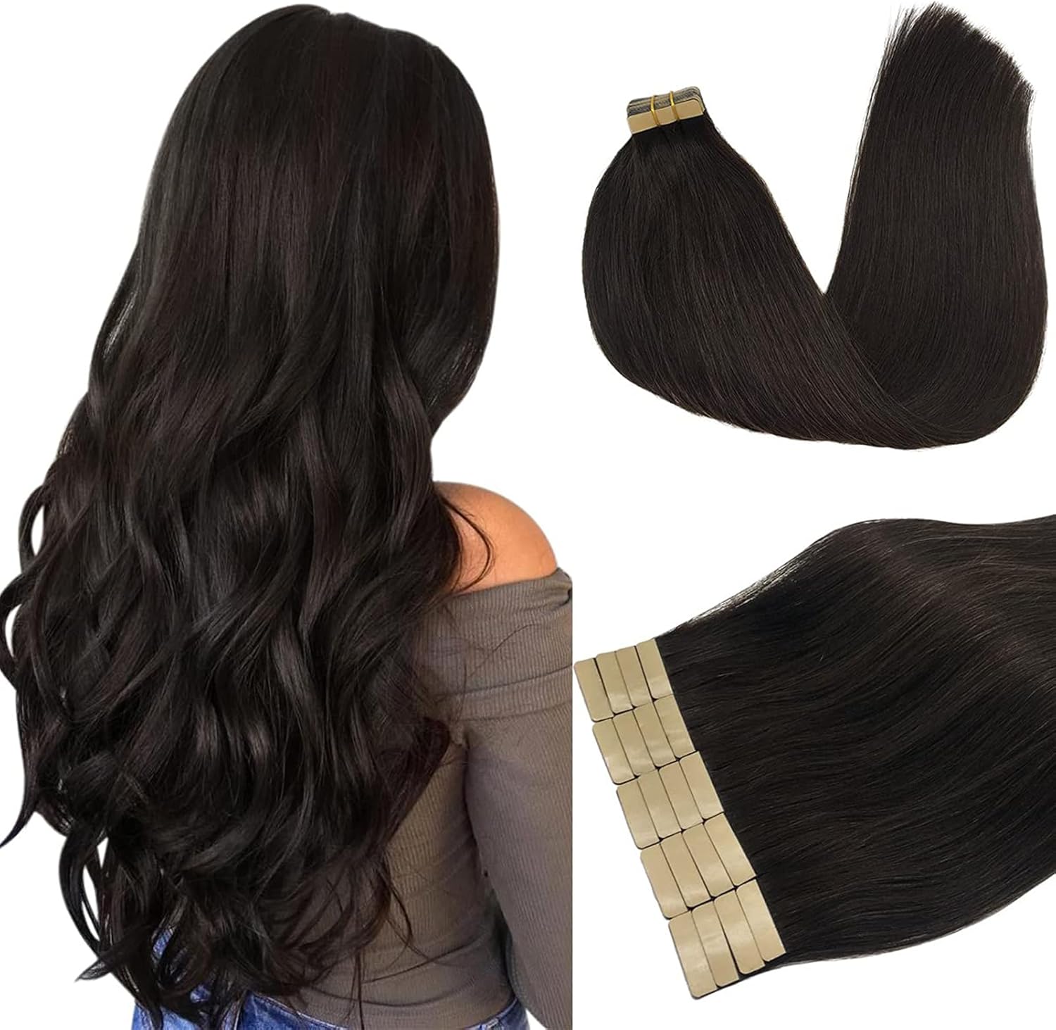 DOORES Extension Cheveux Naturel Adhésif brun foncé 50 cm (20 pièces, 50 g) — bande transparente à coller