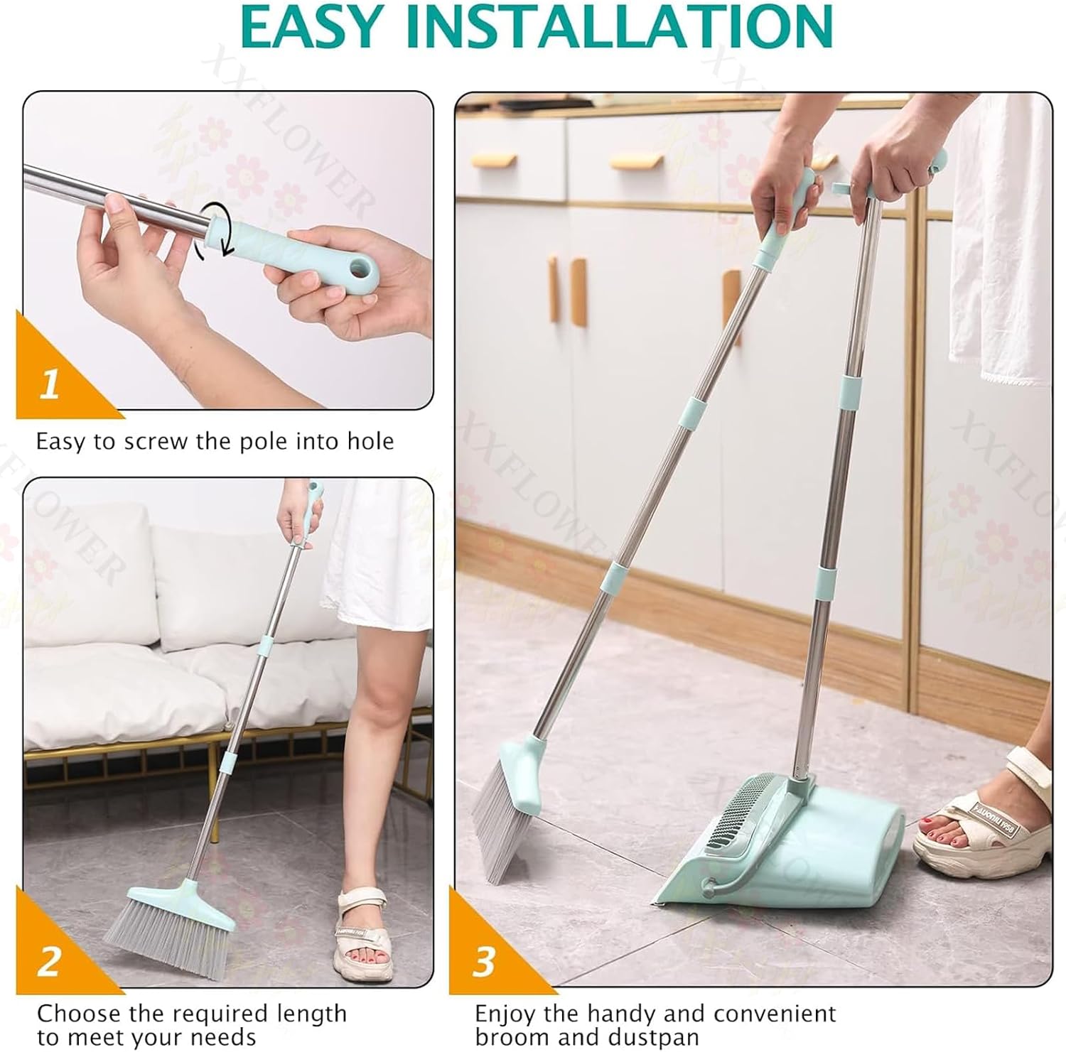 Detalle 1 de XXXFLOWER US-SG-GREEN-SB-GD Broom and Dustpan Set with Cleaning Teeth