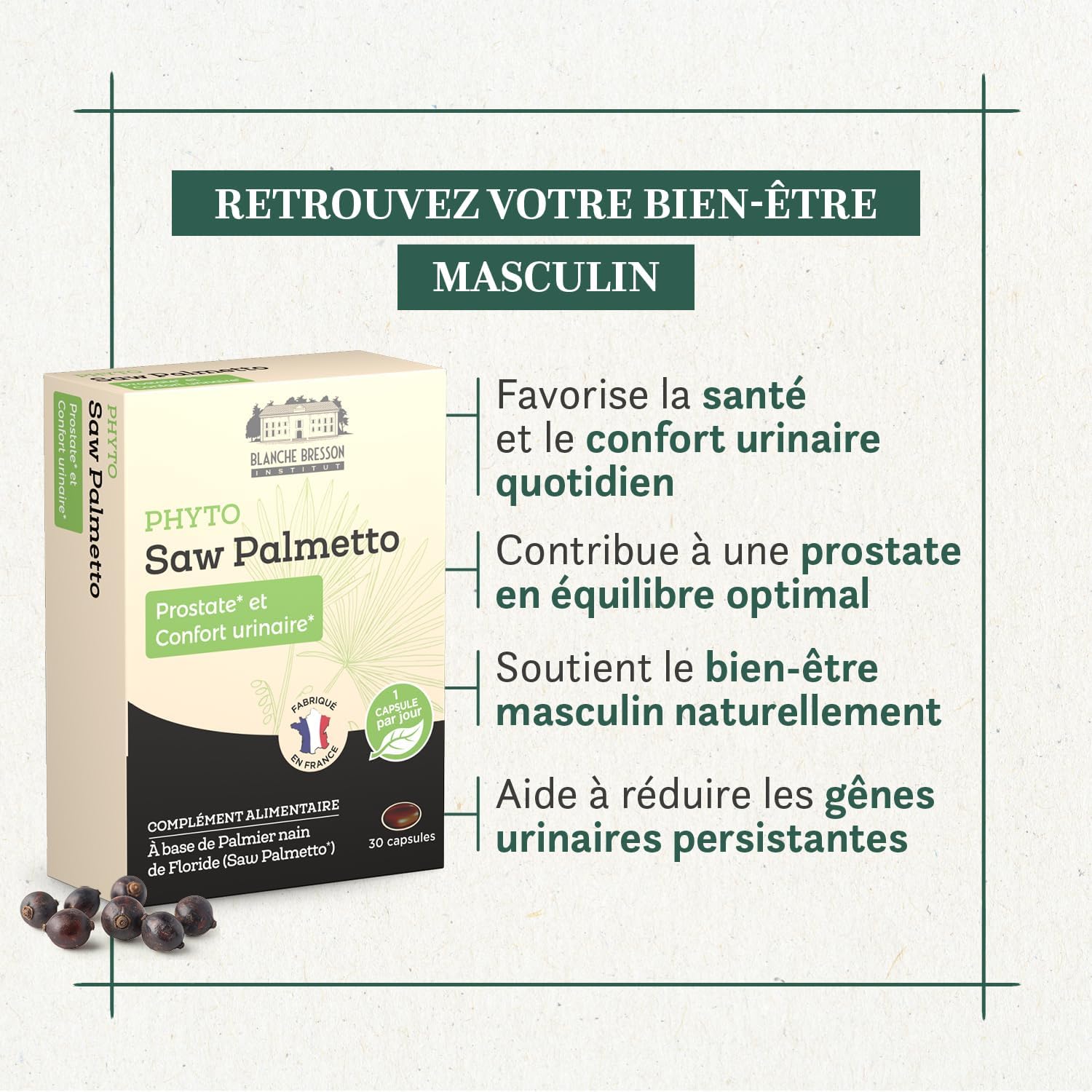 Detalle de BLANCHE BRESSON Phyto Saw Palmetto - Prostate & Confort Urinaire Homme, 30 capsules