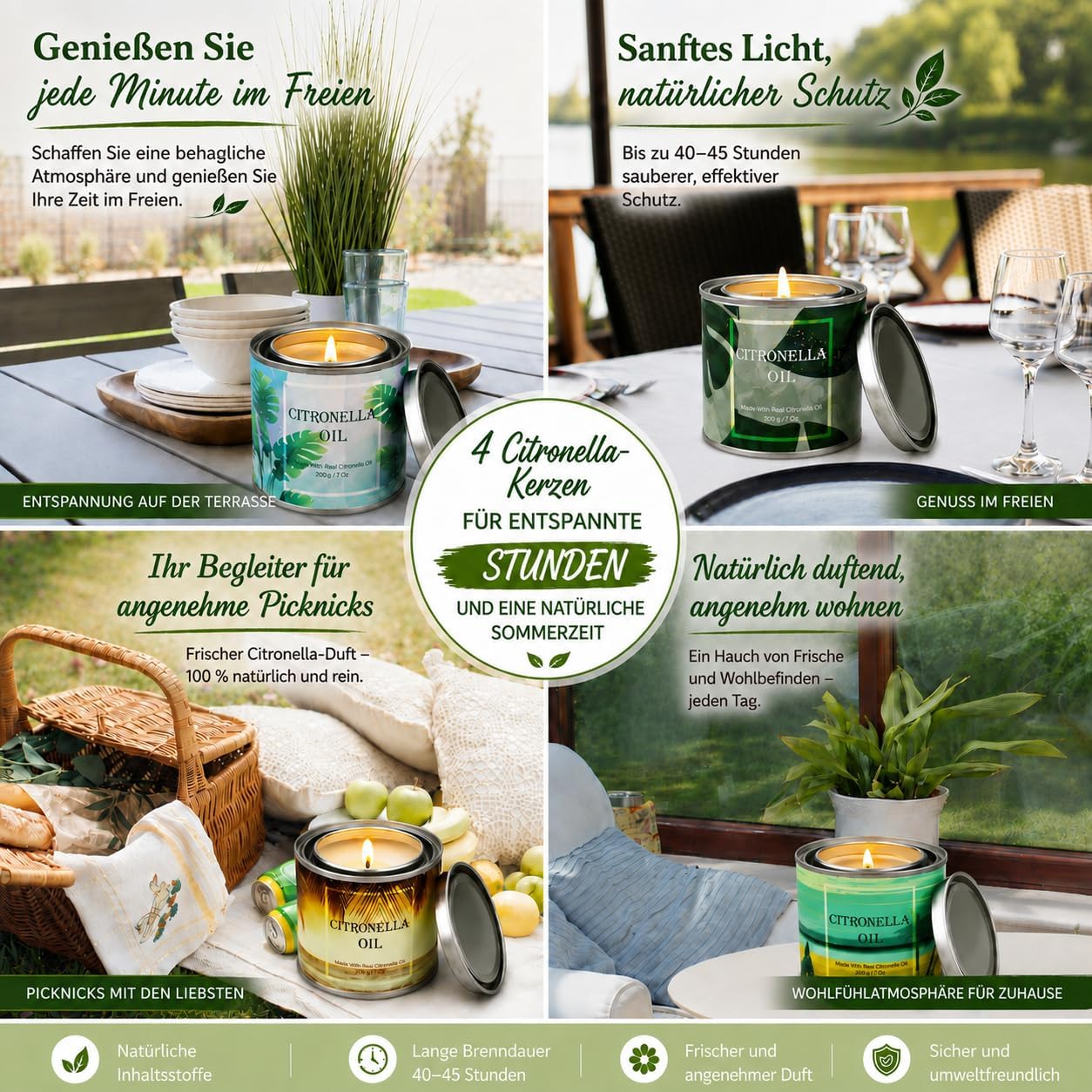 Detalle de CREASHINE Citronella Kerzen Outdoor 4er Set – 800 g Sojawachs, Zitronengras-Duft