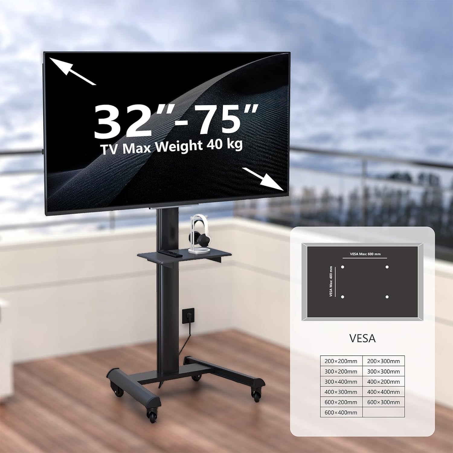 Thumbnail 2 de XTRARM Proton 500 supporto TV mobile con ripiano, prese di corrente e rotazione 90° (32–75"), fino a 40 kg