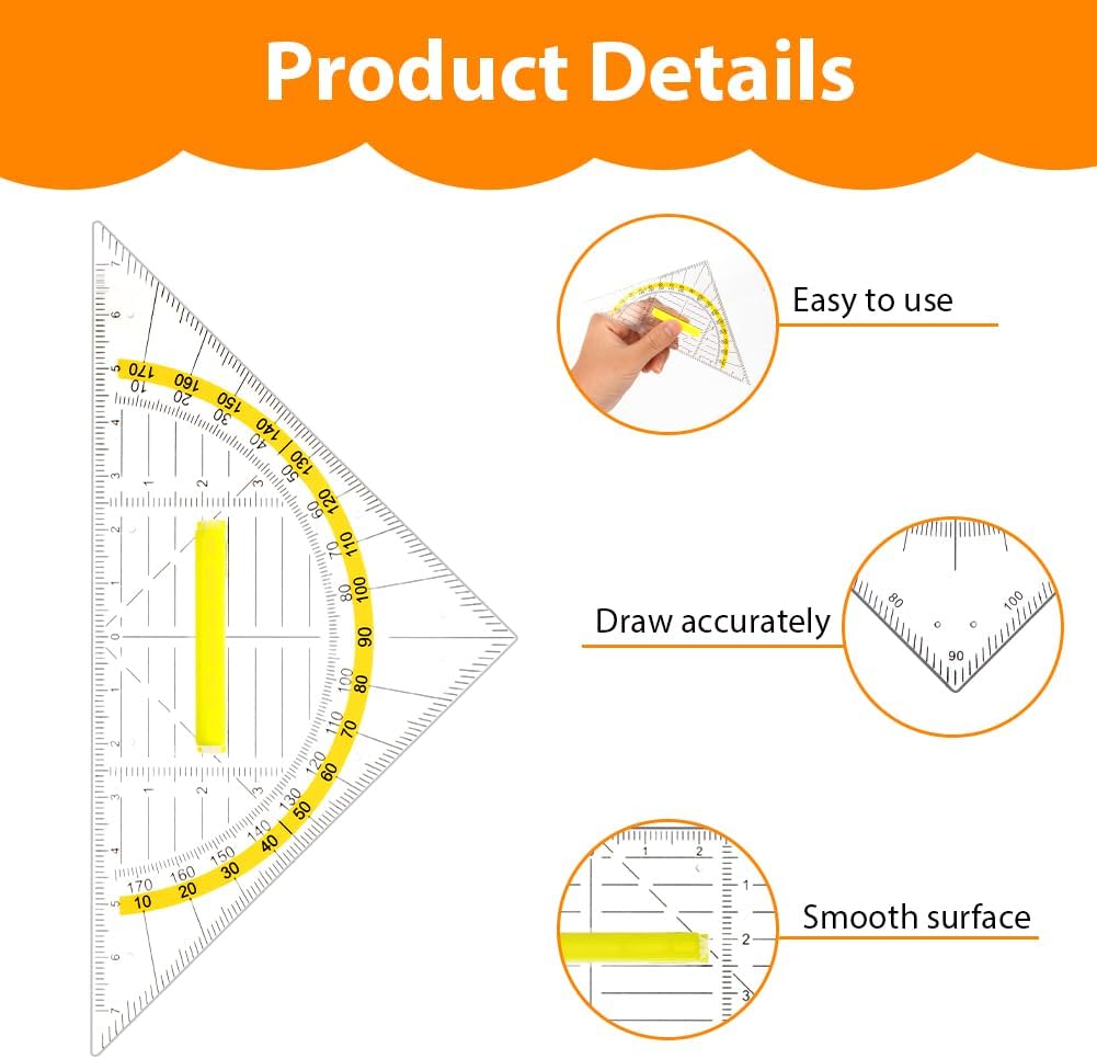 Detalle 2 de Vicloon set square set (4 pcs) with 45° triangle rulers and transparent protractor – red and yellow