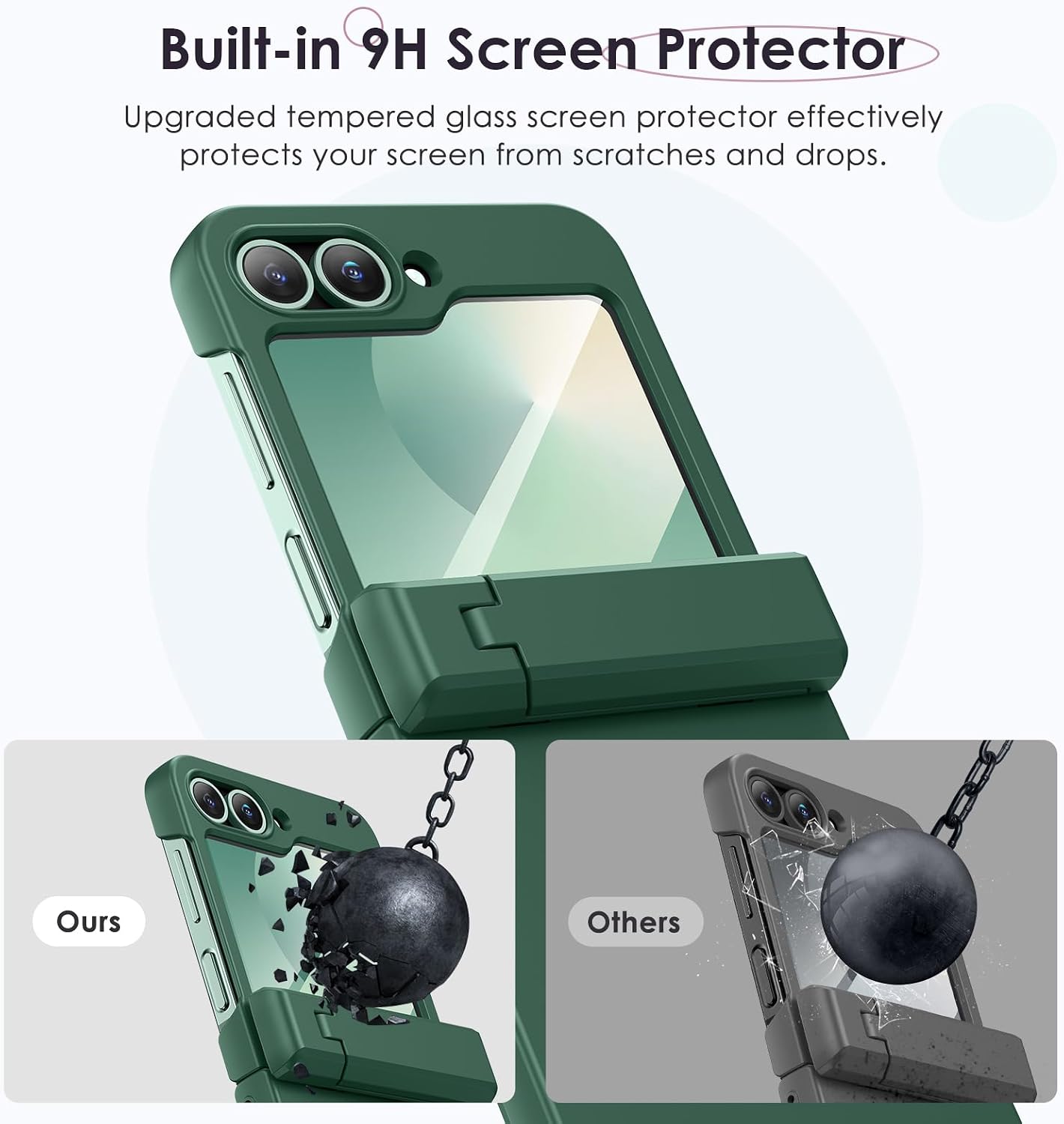 Detalle de HWeggo Case for Galaxy Z Flip 7 FE / Z Flip 6 – Hinge Protection, Hidden Kickstand & Built-in Screen Protector (Green)