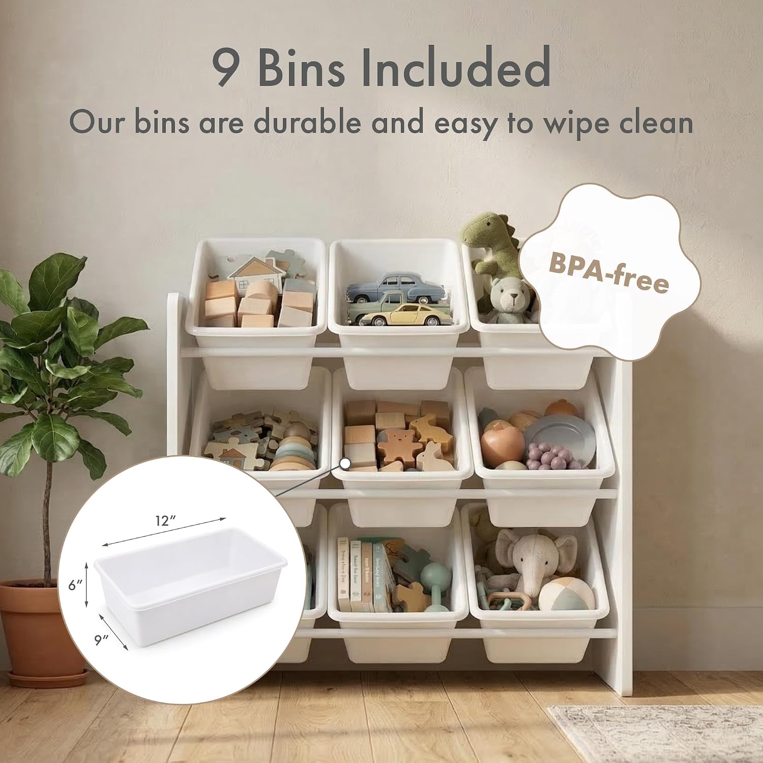 Thumbnail 2 de Humble Crew Wooden Toy Storage Organiser with 9 BPA-Free Bins (White) for Kids