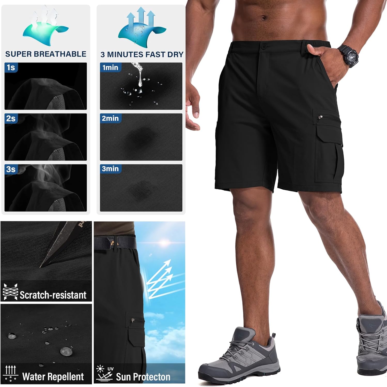 Thumbnail 4 de Jessie Kidden Men’s Outdoor Casual Expandable Waist Lightweight Water-Resistant Quick-Dry Fishing & Hiking Shorts