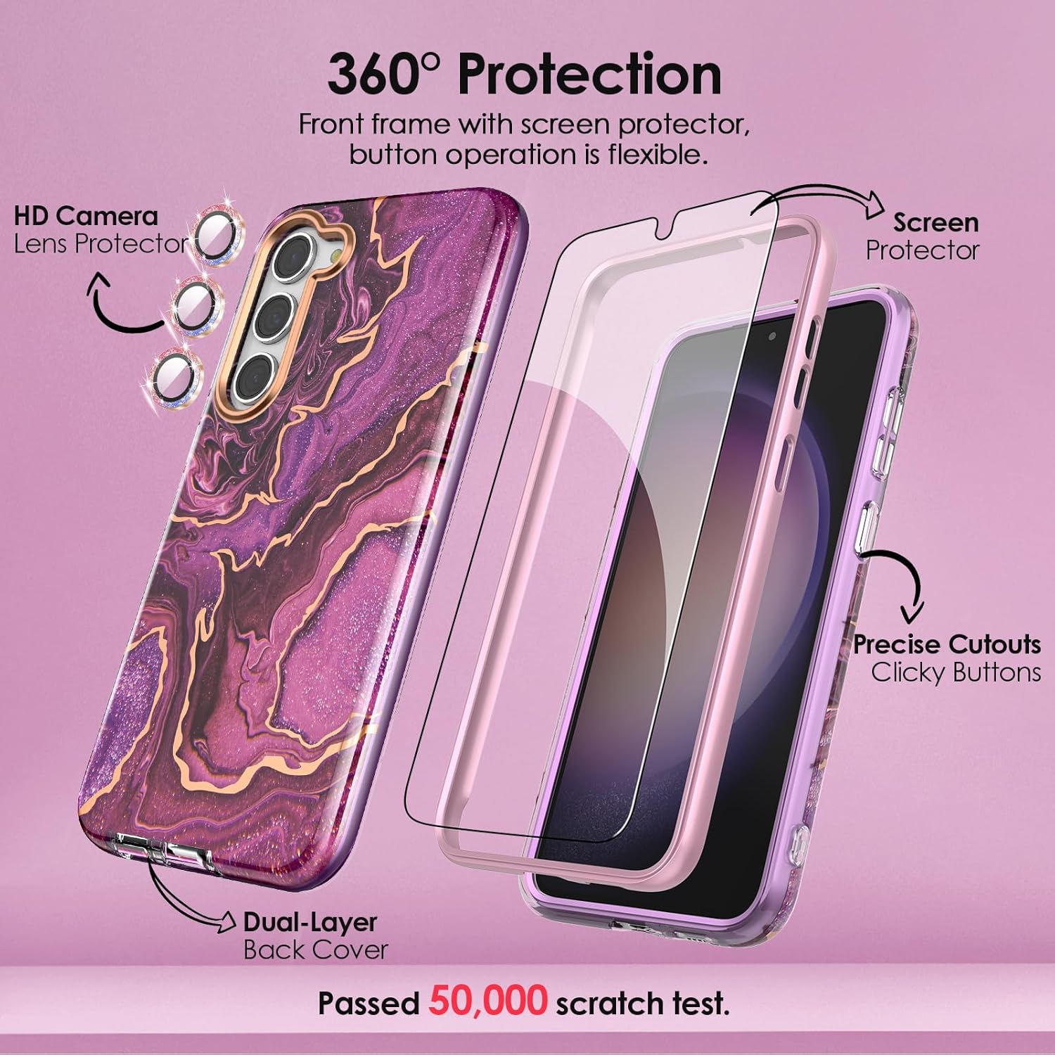 Detalle de Chvelop Hülle für Samsung Galaxy S23 – 360° Schutz mit Schutzfolie, Kristall-Kamera und Marmordesign