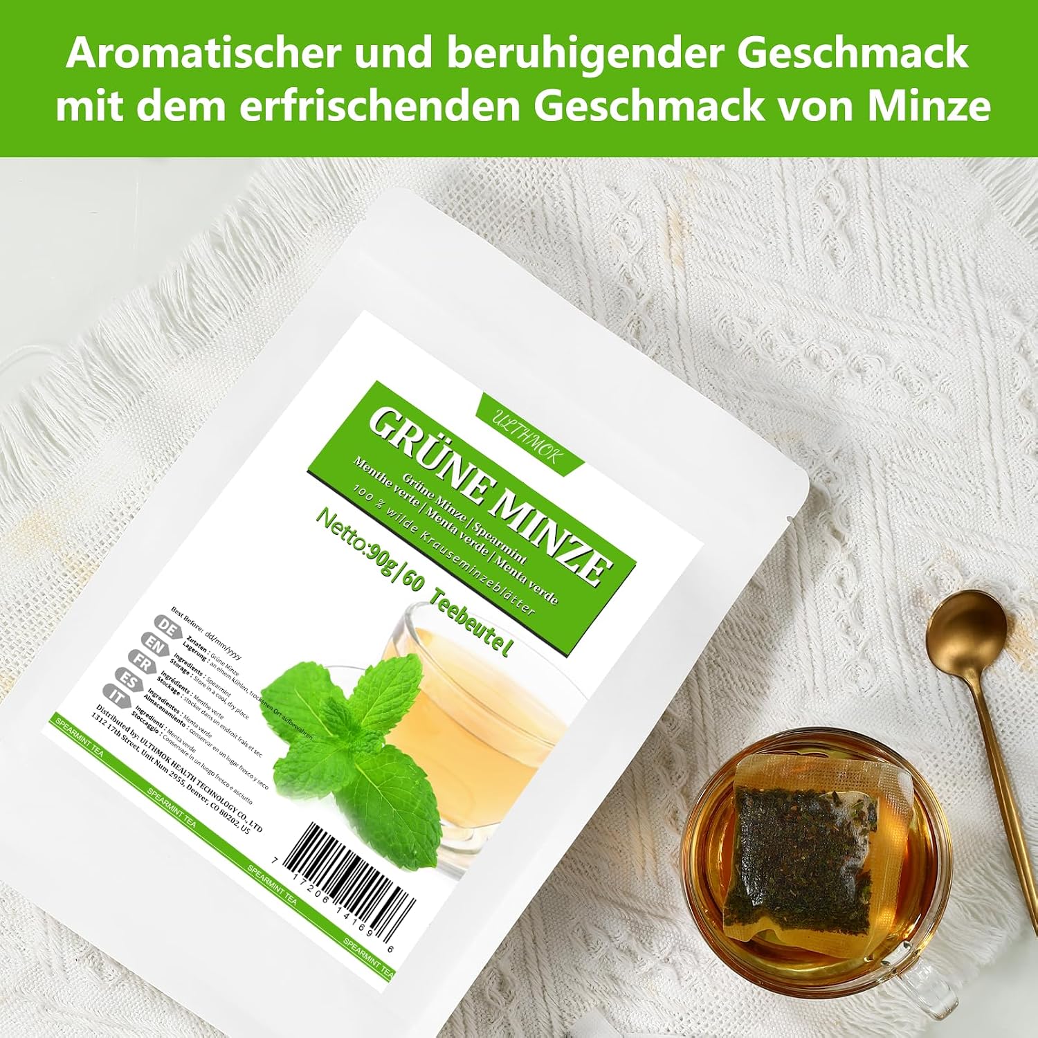 Detalle de ULTHMOK Premium Spearmint örtte, 60 tepåsar – koffeinfritt utan tillsatser