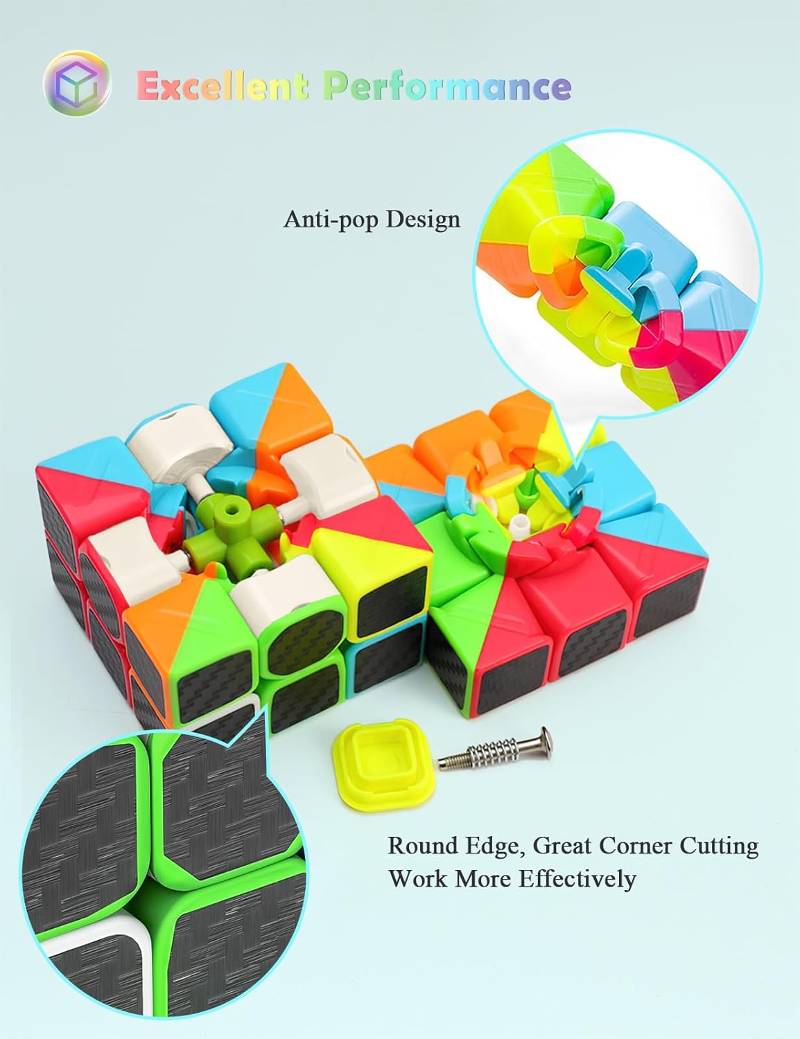 Thumbnail 3 de ROXENDA Speed Cube Set (2x2 & 3x3 Pyramid) with Carbon Fibre Stickers — including English manual