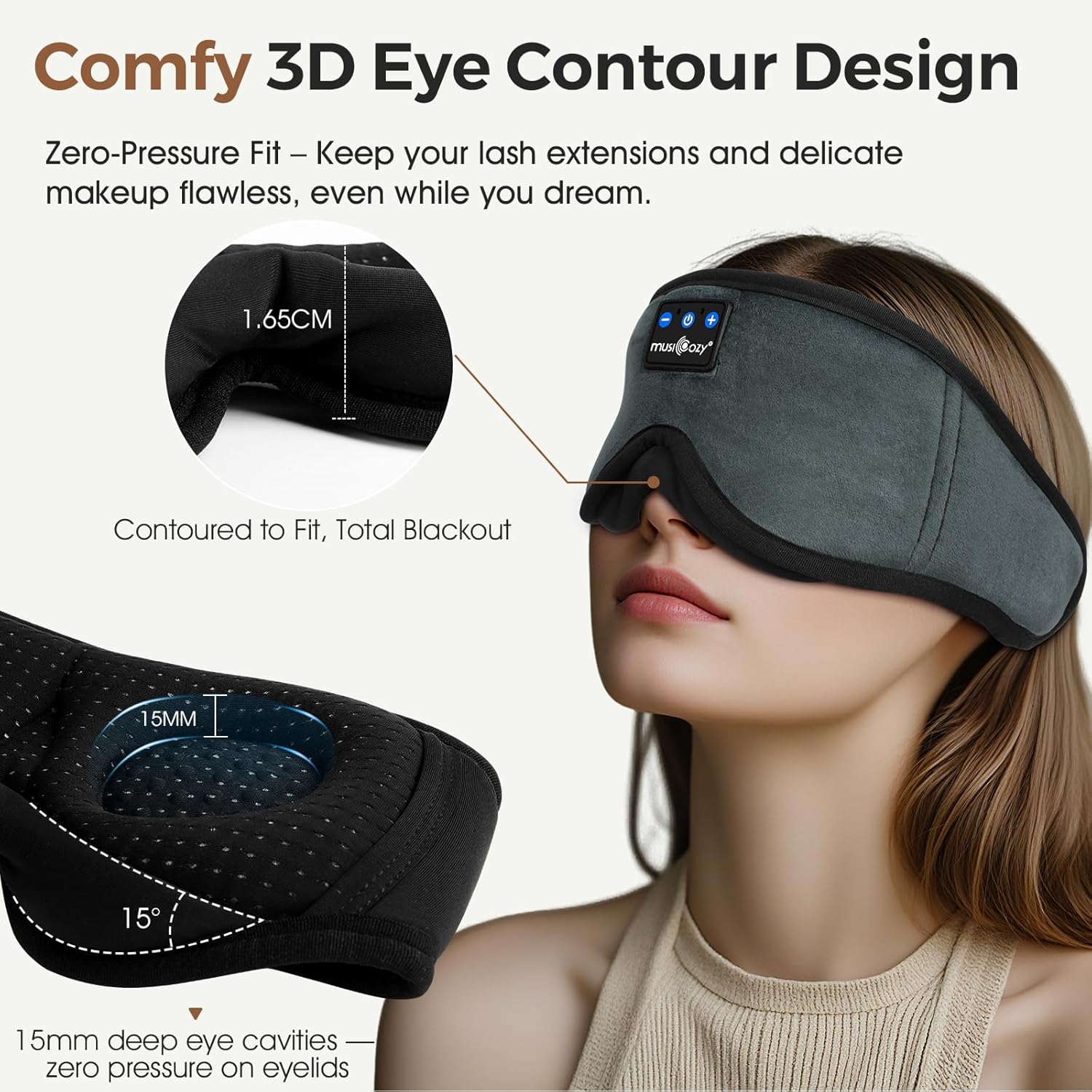 Thumbnail 2 de MUSICOZY Sleep Mask Headphones: 100% Blackout, 3D Contoured Eyes, Bluetooth Sleep Mask with 14H Playback