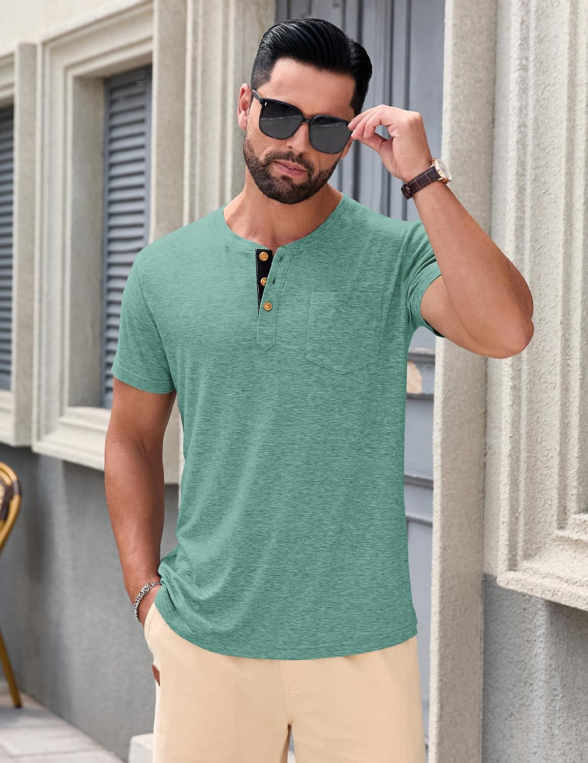 Detalle de TARAINYA Henley T-Shirts Herren – Baumwollshirt mit Brusttasche, Kurzarm, 95% Baumwolle