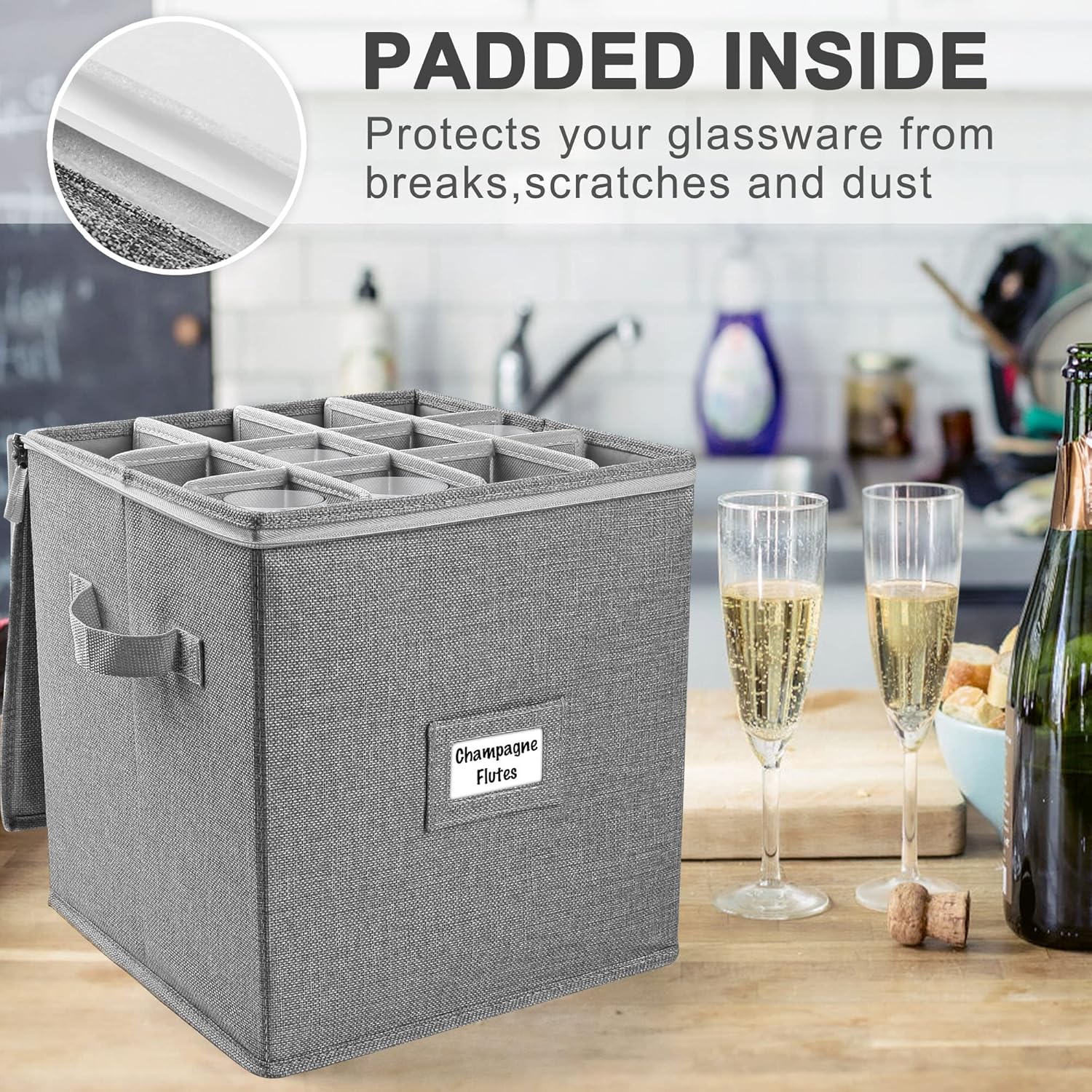 Detalle 2 de LotFancy Champagne Flute Storage Container (Hard Shell, Stackable) with Dividers & Handles, Grey