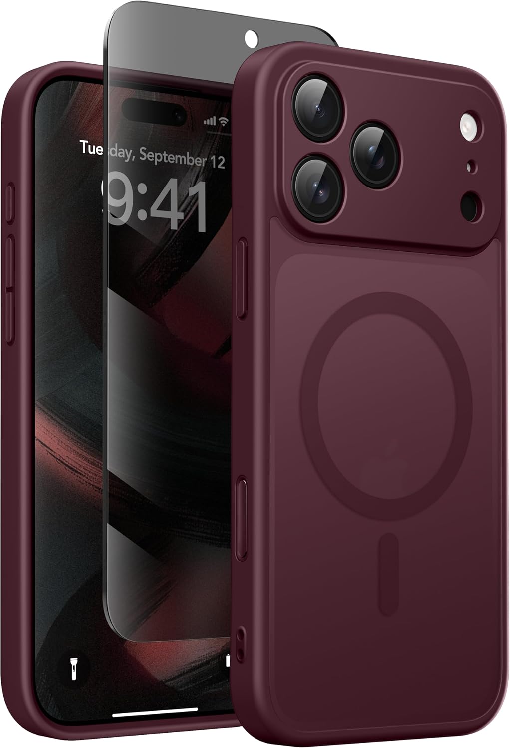Detalle de Magnetic Case for iPhone 17 Pro Max with Privacy Screen Protector – MagSafe-compatible, Camera Protection, Military-grade 360° – Wine Red