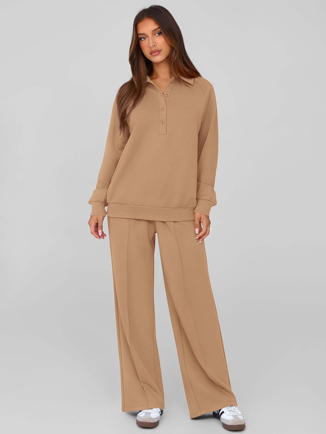 Detalle de PRETTYGARDEN Women Fall 2 Piece Outfits Sweatsuit (Quarter Button Long Sleeve Sweatshirt & Wide Leg Pants)