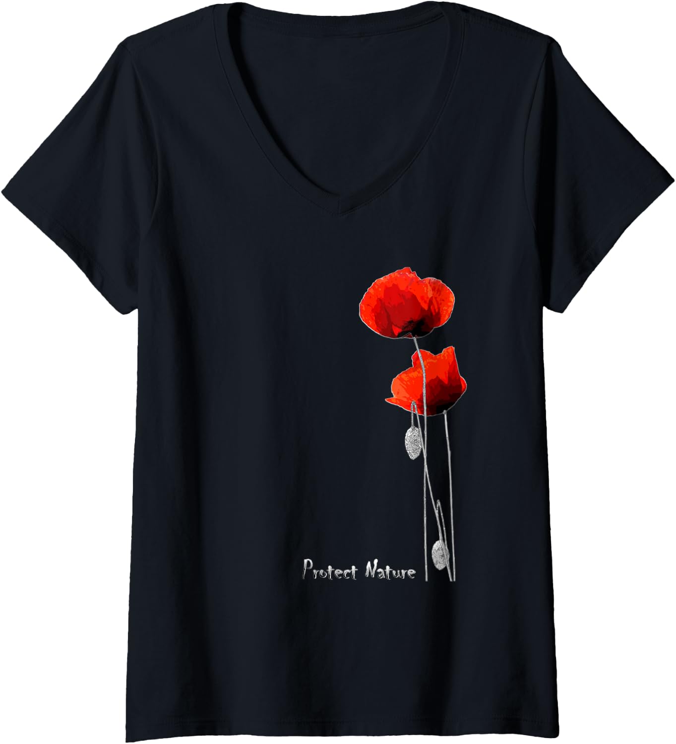 Detalle de Femme Coquelicots Rouges et Abeille | T-shirt Protect Nature avec Col en V