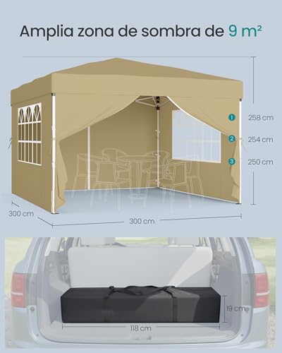 Detalle de SONGMICS Cenador 3x3 m con paneles laterales GCT104LZ01 beige