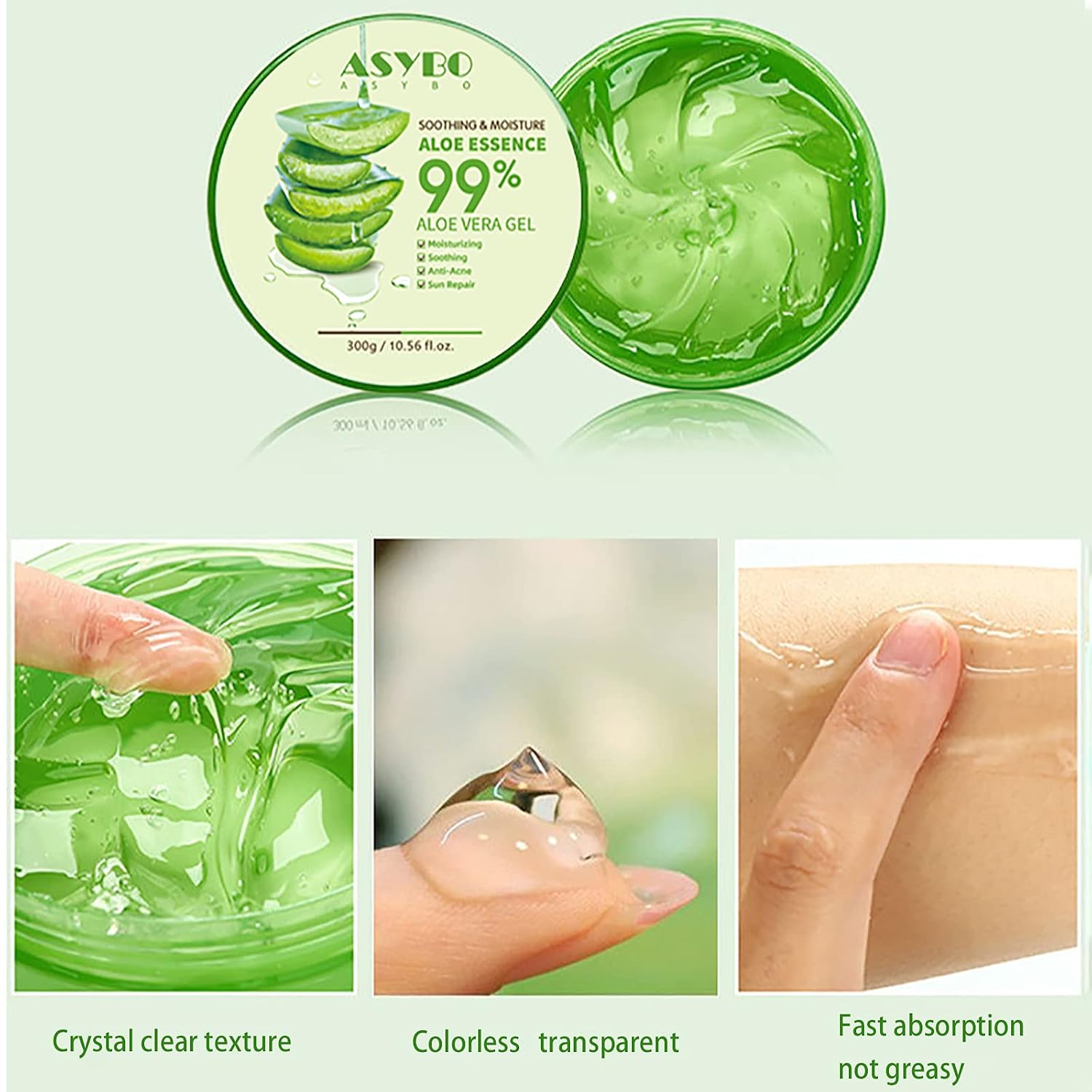 Detalle de ASYBO Aloe Vera Gel 300x2 ml – Natürliches Feuchtigkeitspflege-Gel für Haut, Haar und Narbenreparatur