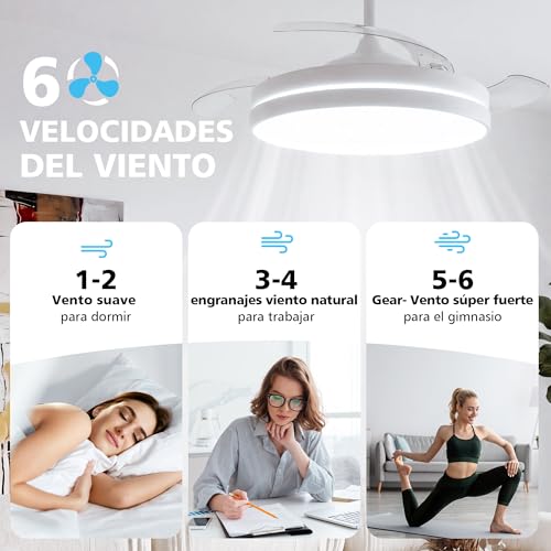 Detalle de NIORSUN Ventilador de techo con luz 42" (106 cm) con aspas retráctiles, 3 tonalidades de luz, control por APP y mando, 6 velocidades