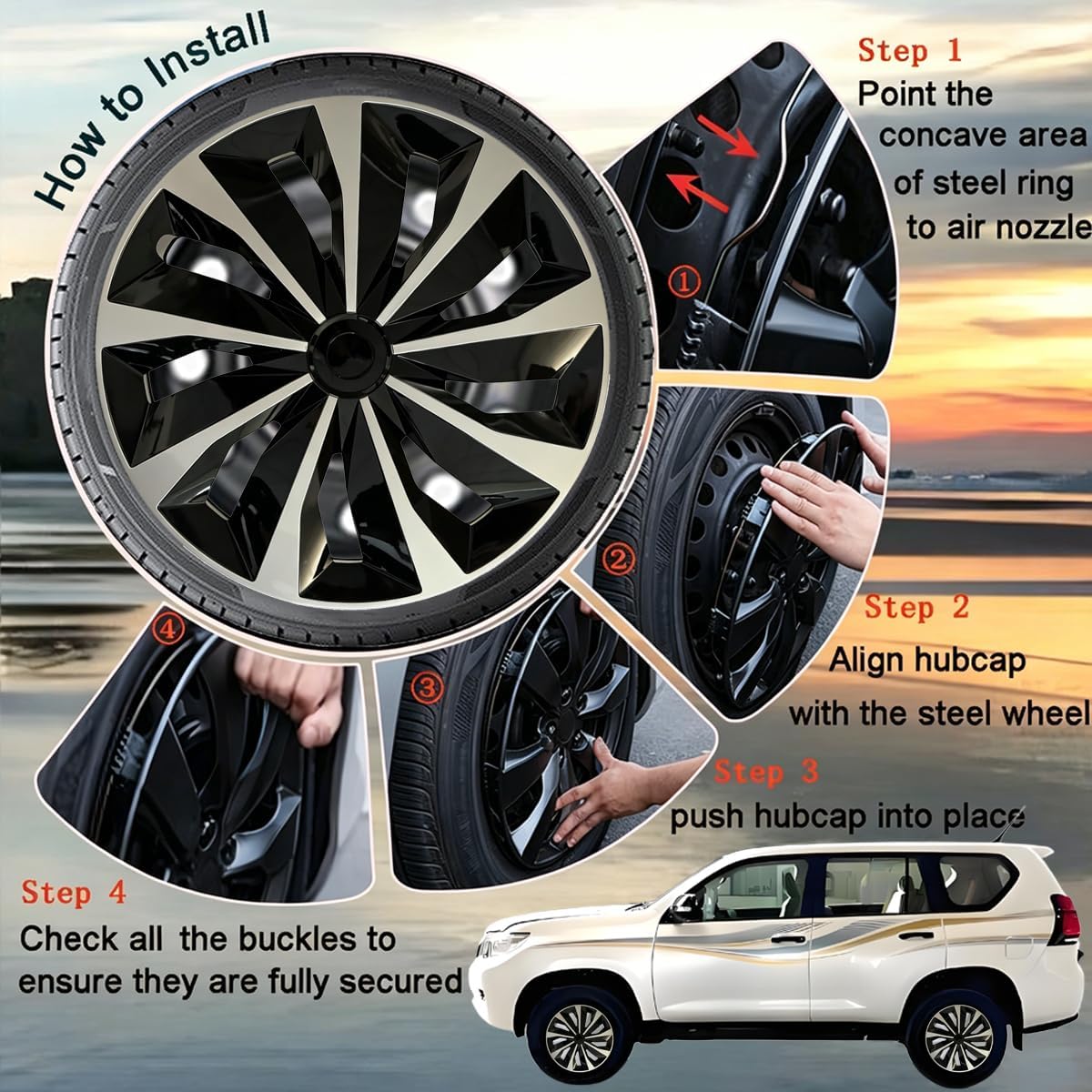 Thumbnail 5 de Hubcap Wheel Covers Replacement R16 16-Inch Universal Fit - 4 Pack