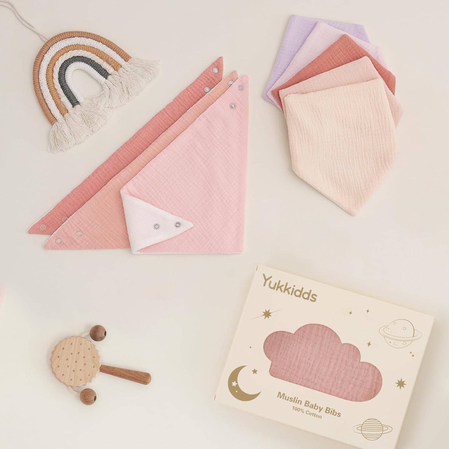 Thumbnail 6 de Yukkidds Muslin Bibs 8 Pack Bandana Dribble Bibs – 100% Cotton, Adjustable Snaps, Teething Friendly (0–36 Months) Purple & Pink