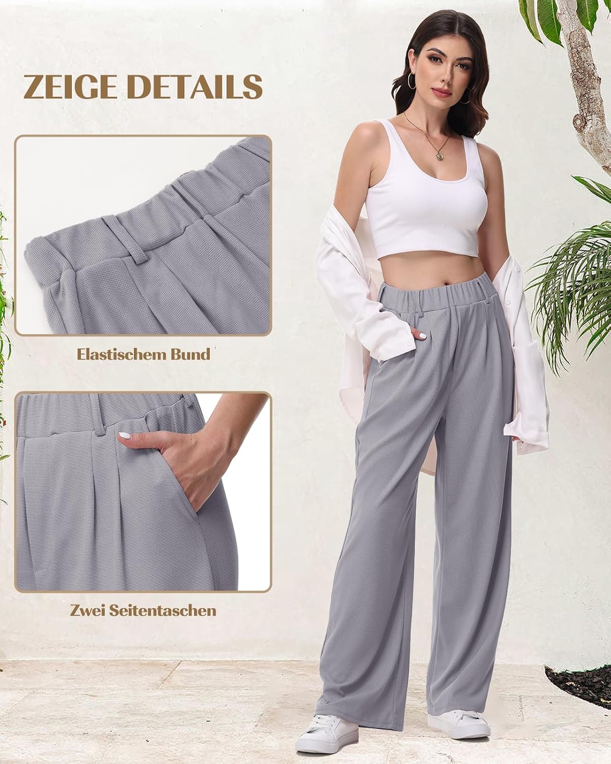 Detalle 2 de HMIYA Weite Stoffhose für Damen – bügel-frei, locker Palazzo, hohe Taille, mit Tasche