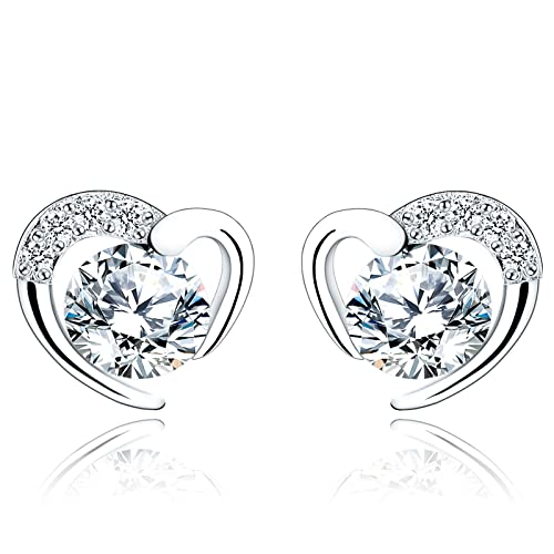 Detalle de ITESSY Silver Stud Earrings for Women – Heart-Shaped White Gold Plated Cubic Zirconia Studs