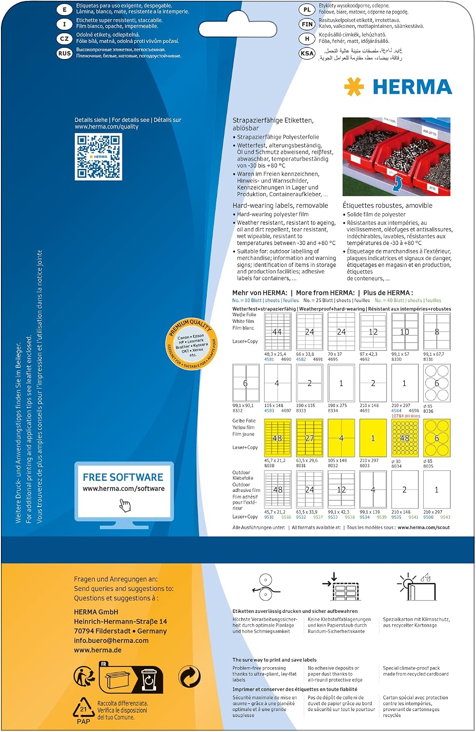 Detalle de HERMA 4574 väderbeständiga, avtagbara A4-etiketter i polyesterfolie, 97 x 42,3 mm