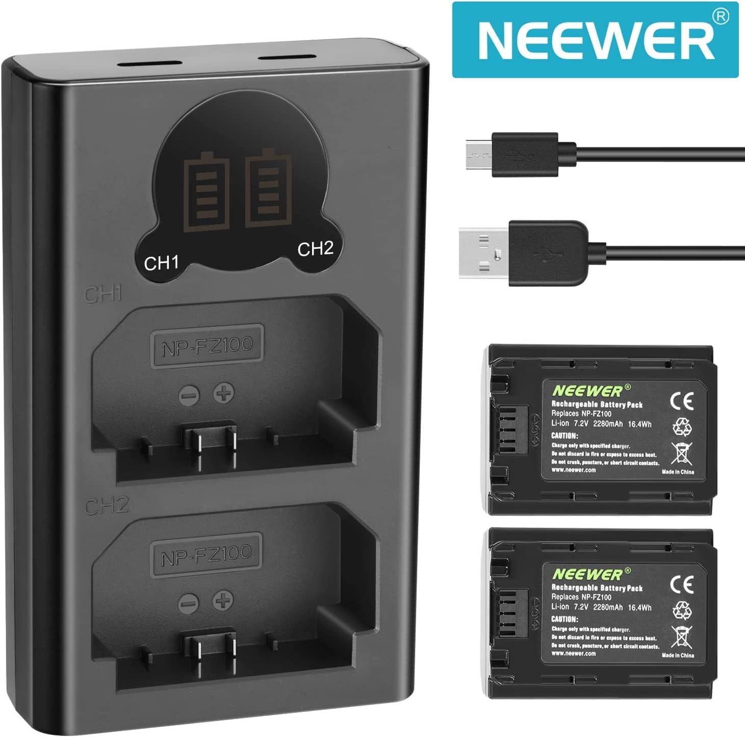Detalle de Neewer NP-FZ100 2280mAh Replacement Battery and Charger with LCD (2-Pack) for Sony ZV-E1, FX3, A7 & more