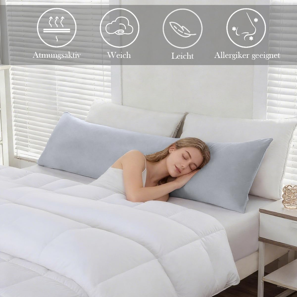 Thumbnail 1 de Nesture Seitenschläferkissen Bezug 40 x 145 cm (2er-Set) – Kissenbezug aus 100% Mikrofaser in Grau, mit Reißverschluss