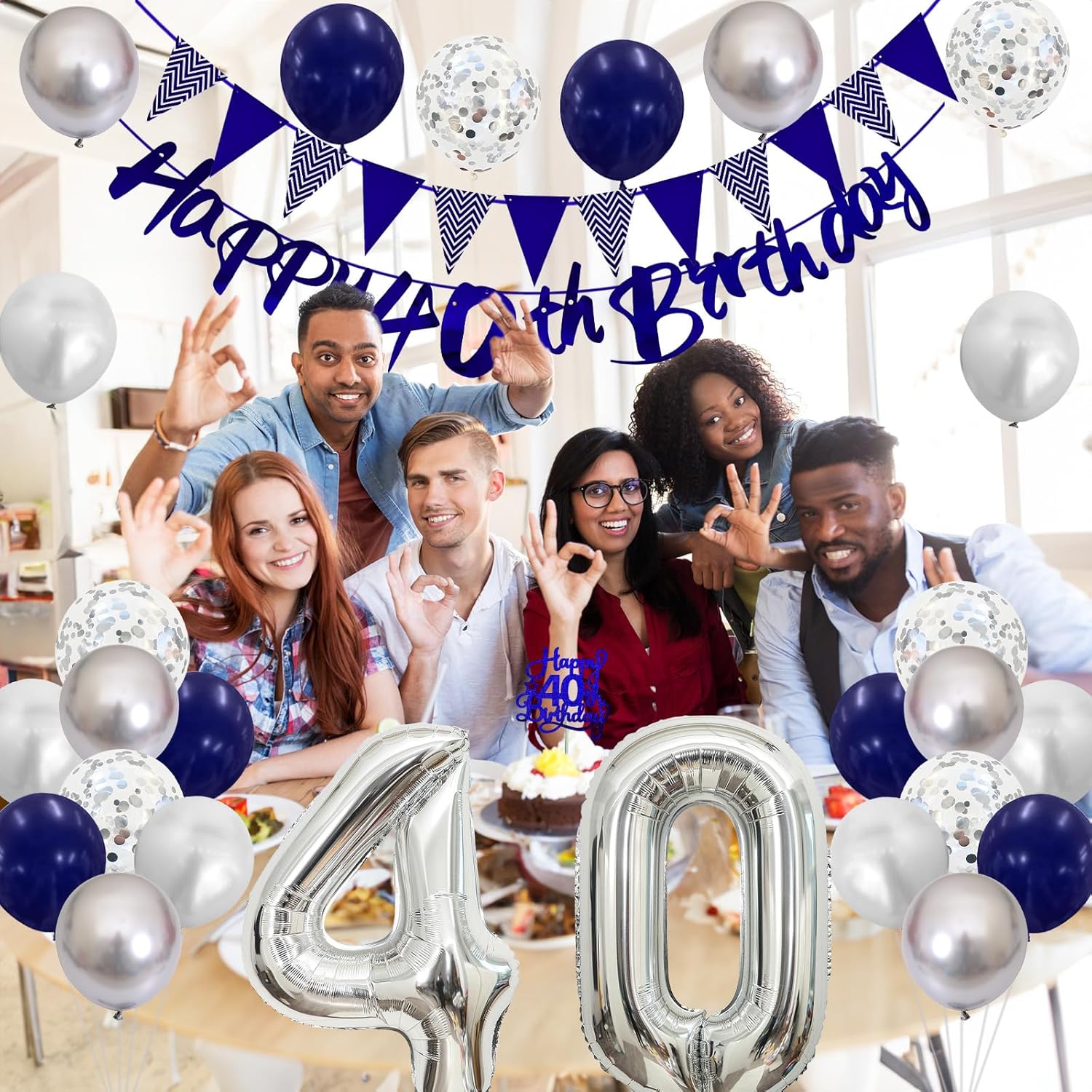 Detalle de Blue & Silver 40th Birthday Decorations Set — Balloons, Banner, and Cake Topper for Men and Women