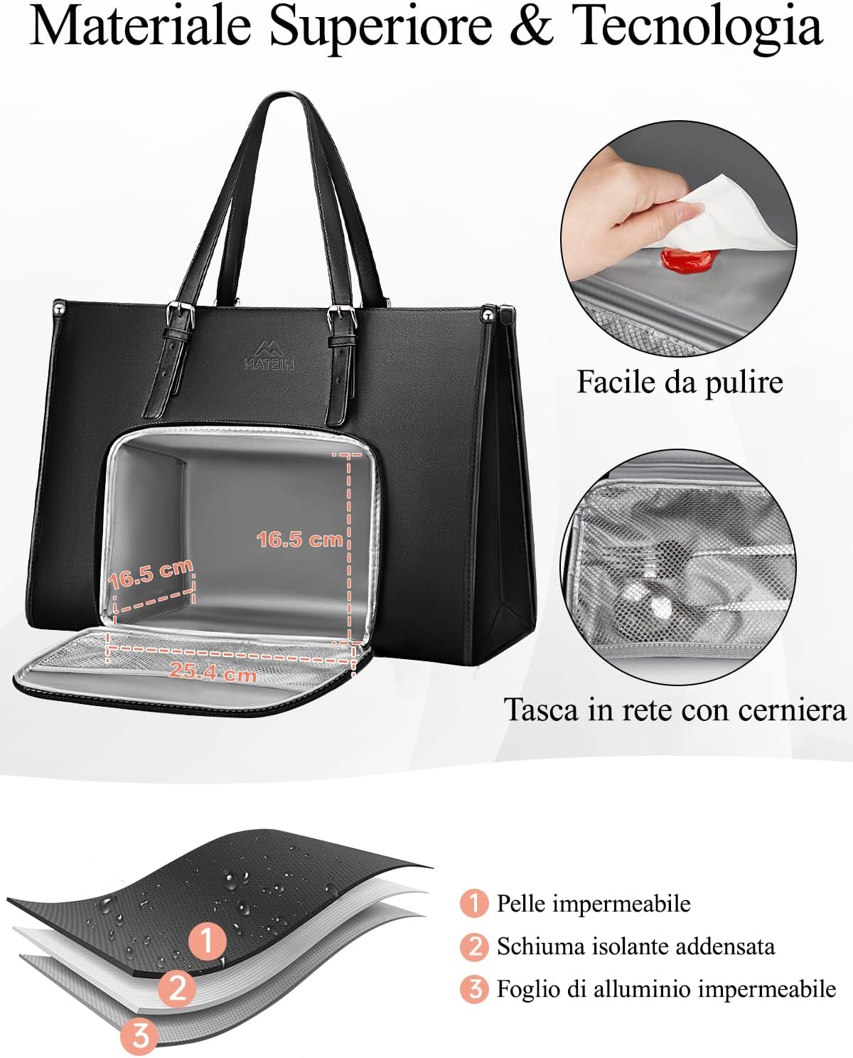 Detalle de MATEIN Borsa Lavoro Donna con Scomparto Pranzo Isolato 15,6” – Borsa PC in PU impermeabile, Nero