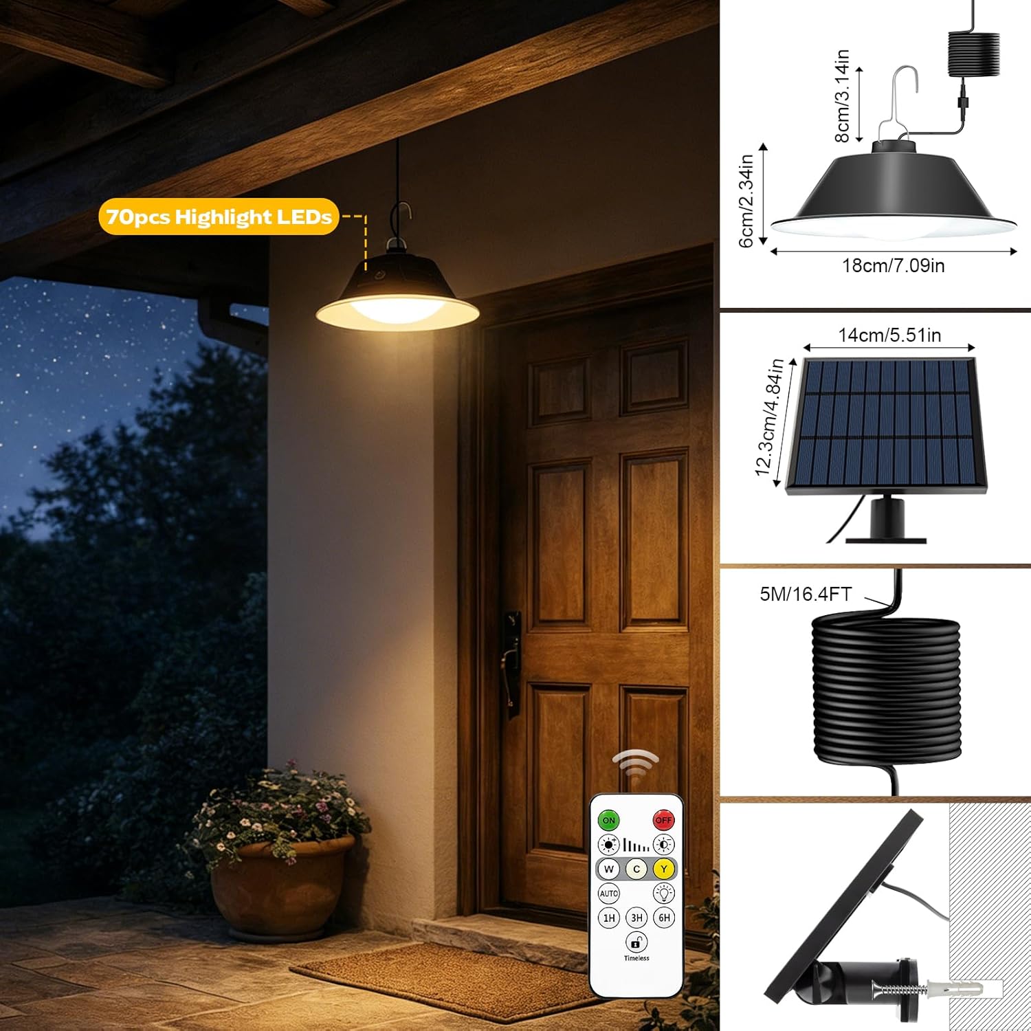 Thumbnail 5 de AGOTD Solar-Hängeleuchte – 70 LEDs, 3600 mAh, Fernbedienung, IP65, 5 m Kabel