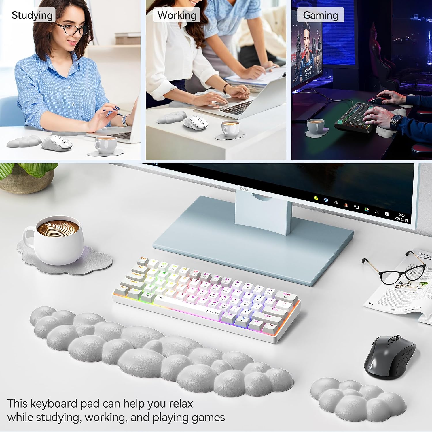Thumbnail 6 de TECKNET Cloud Keyboard Wrist Rest Set, Memory Foam, Gray PU Leather