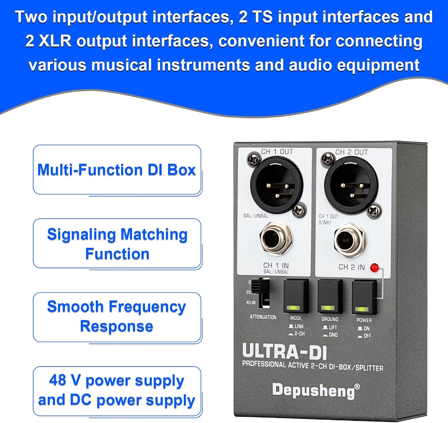 Detalle de Depusheng Ultra-DI Di2 Professional Active 2-Kanal DI-Box/Splitter mit Input-Attenuator für Gitarre & Bass (48V)