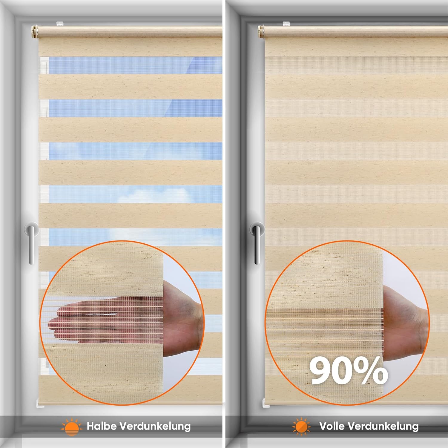 Detalle 2 de Sekey Doppelrollo Klemmfix ohne Bohren für Fenster – 90x150 cm, Gelbleinen