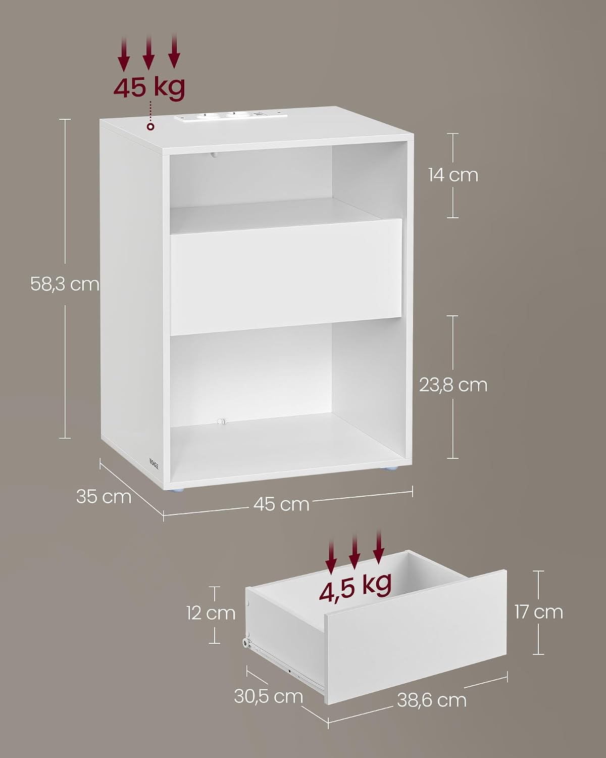 Detalle 2 de VASAGLE LET777W04 comodino con ricarica USB