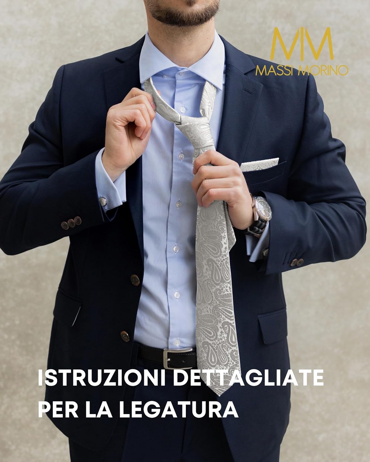 Thumbnail 3 de Massi Morino set cravatta, fazzoletto, gemelli e fermacravatta con guida per nodo Windsor (con confezione regalo)