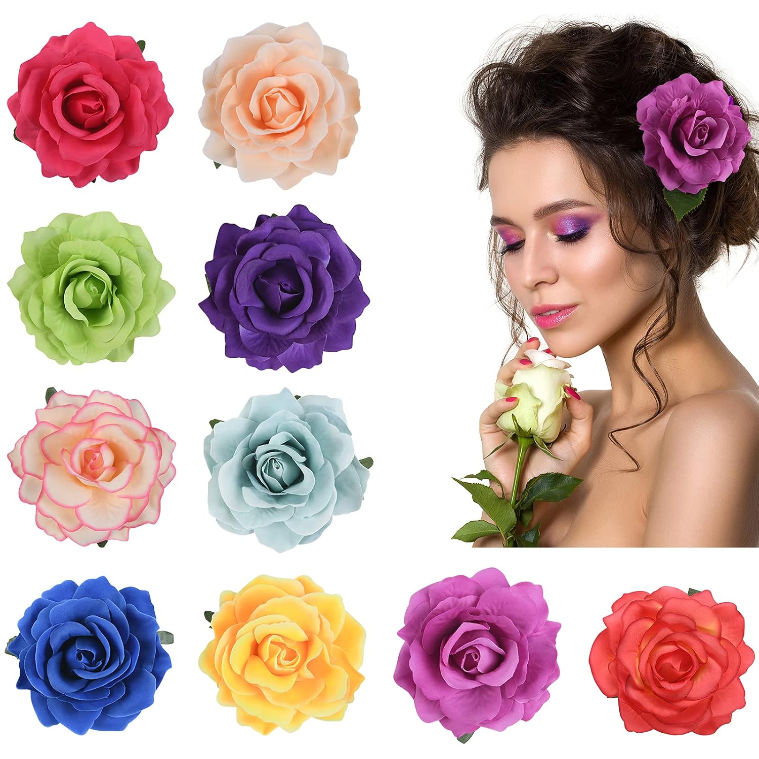 Detalle de URAQT 10er-Pack Blumen-Haarclips (bunt) – Haarspangen als Clip oder Brosche für Mädchen & Frauen