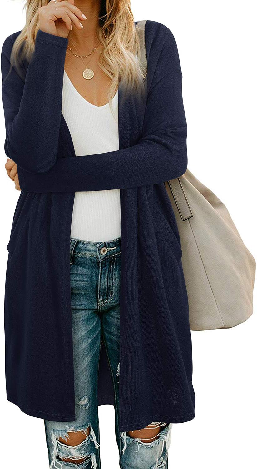 Detalle de OUGES Damen Langarm Strickjacke Lang Leicht Cardigan Casual Strickmantel mit Taschen