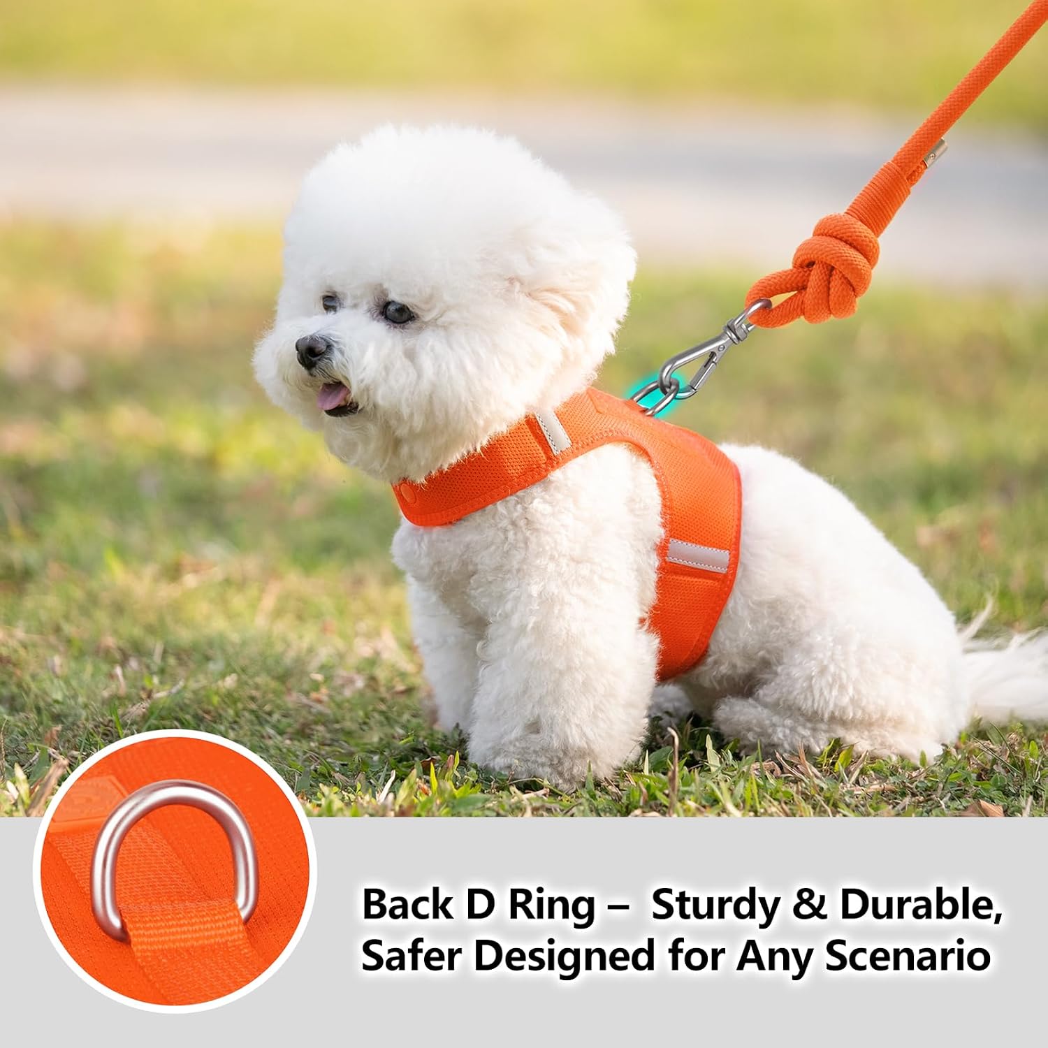 Detalle de Sunraymascota Small Dog Harness — Adjustable, Breathable Vest with Reflective Strips and Patches (Orange, S)