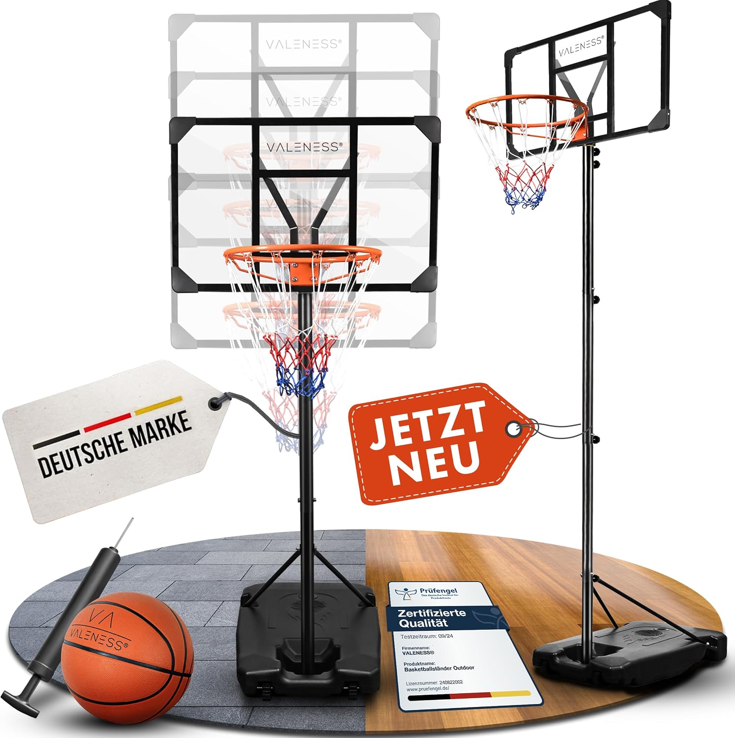 Detalle de VALENESS® Basketballkorb Outdoor – Höhenverstellbar 135–305 cm, wetterfest, inklusive Ball, Pumpe und Anleitung